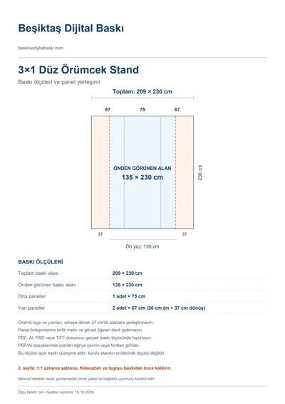 Beşiktaş Dijital Baskı logolu 3×1 Düz Örümcek Stand baskı şablonu: toplam 209 × 230 cm; görünen 135 × 230 cm