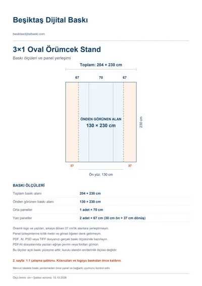 Beşiktaş Dijital Baskı logolu 3×1 Oval Örümcek Stand baskı şablonu: toplam 204 × 230 cm; görünen 130 × 230 cm