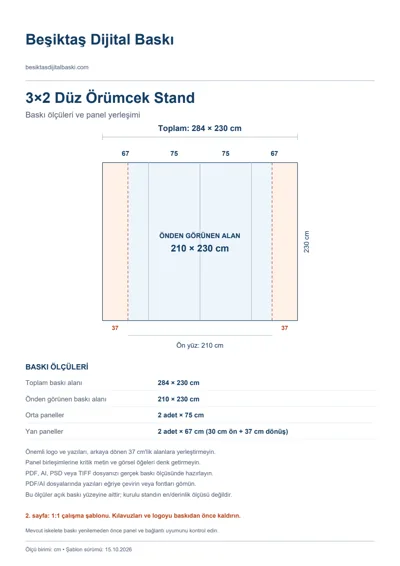 Beşiktaş Dijital Baskı logolu 3×2 Düz Örümcek Stand baskı şablonu: toplam 284 × 230 cm; görünen 210 × 230 cm