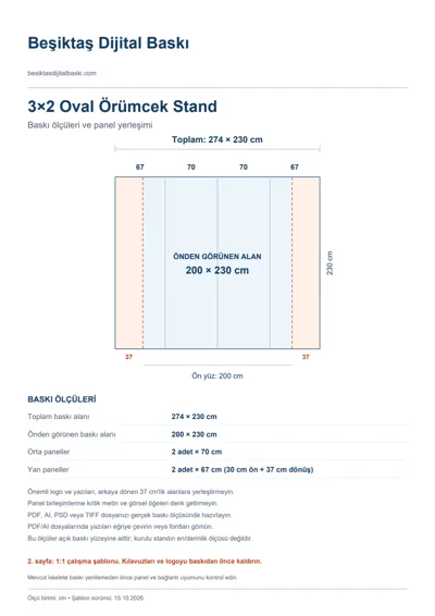 Beşiktaş Dijital Baskı logolu 3×2 Oval Örümcek Stand baskı şablonu: toplam 274 × 230 cm; görünen 200 × 230 cm