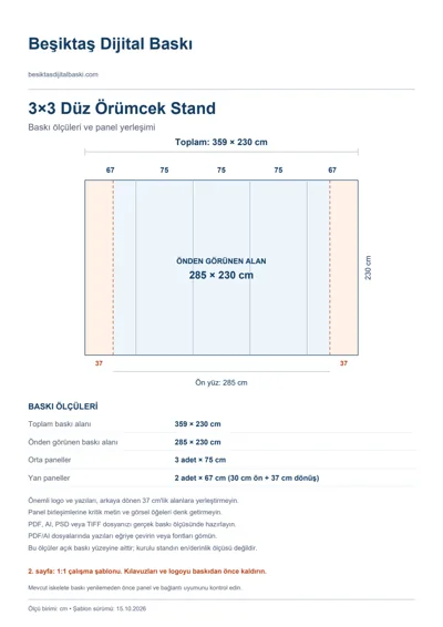Beşiktaş Dijital Baskı logolu 3×3 Düz Örümcek Stand baskı şablonu: toplam 359 × 230 cm; görünen 285 × 230 cm