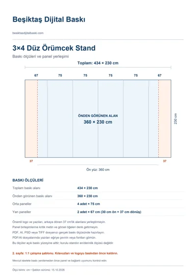 Beşiktaş Dijital Baskı logolu 3×4 Düz Örümcek Stand baskı şablonu: toplam 434 × 230 cm; görünen 360 × 230 cm