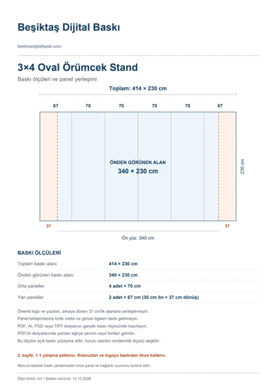 Beşiktaş Dijital Baskı logolu 3×4 Oval Örümcek Stand baskı şablonu: toplam 414 × 230 cm; görünen 340 × 230 cm