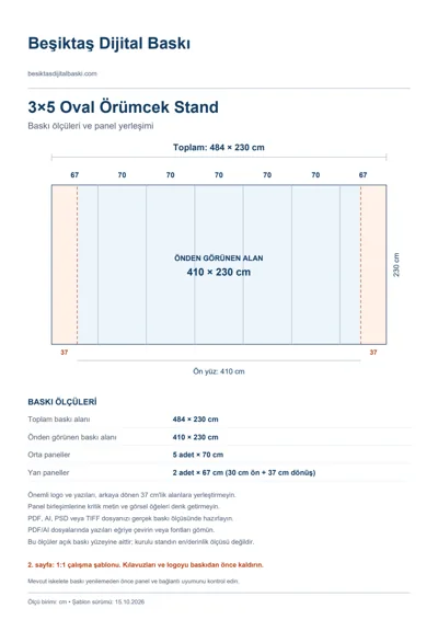 Beşiktaş Dijital Baskı logolu 3×5 Oval Örümcek Stand baskı şablonu: toplam 484 × 230 cm; görünen 410 × 230 cm